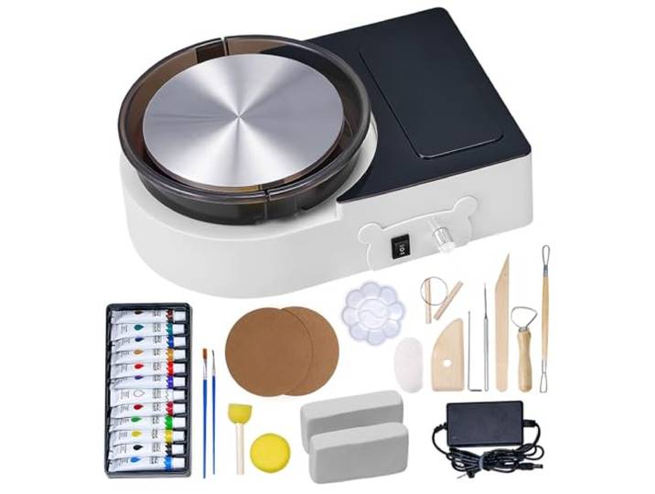 VEVOR Mini Tour de Potier Électrique\, Roue de Poterie avec Plateau Tournant de 158 mm\, Rotation Avant et Arrière\, Vitesse Réglable\, avec Outils de Façonnage\, pour Artisanat\, Bricolage Domicile\, Blanc