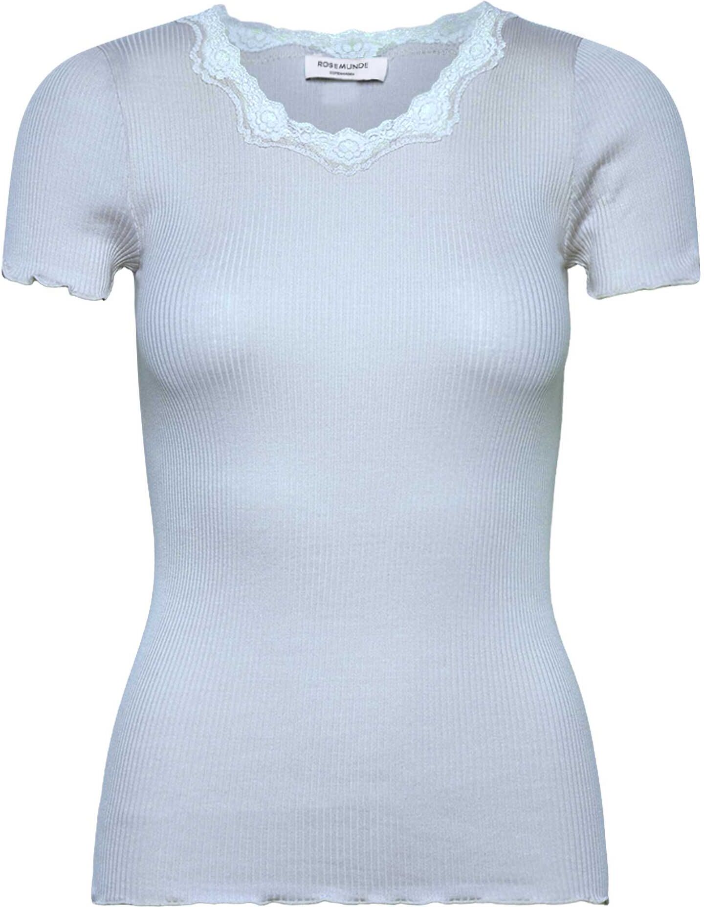 Spitzenshirt ROSEMUNDE "Beatha lace t-shirt mit Seide mit Seide", Damen, Gr. S, weiss (nantucket blau), Feinstrick, Obermaterial: 55% Seide, 45% Baumwolle, unifarben, eng hüftbedeckend, Rundhals, gewellter Abschluss, Shirts Spitzenshirt, wunderschönes Hal