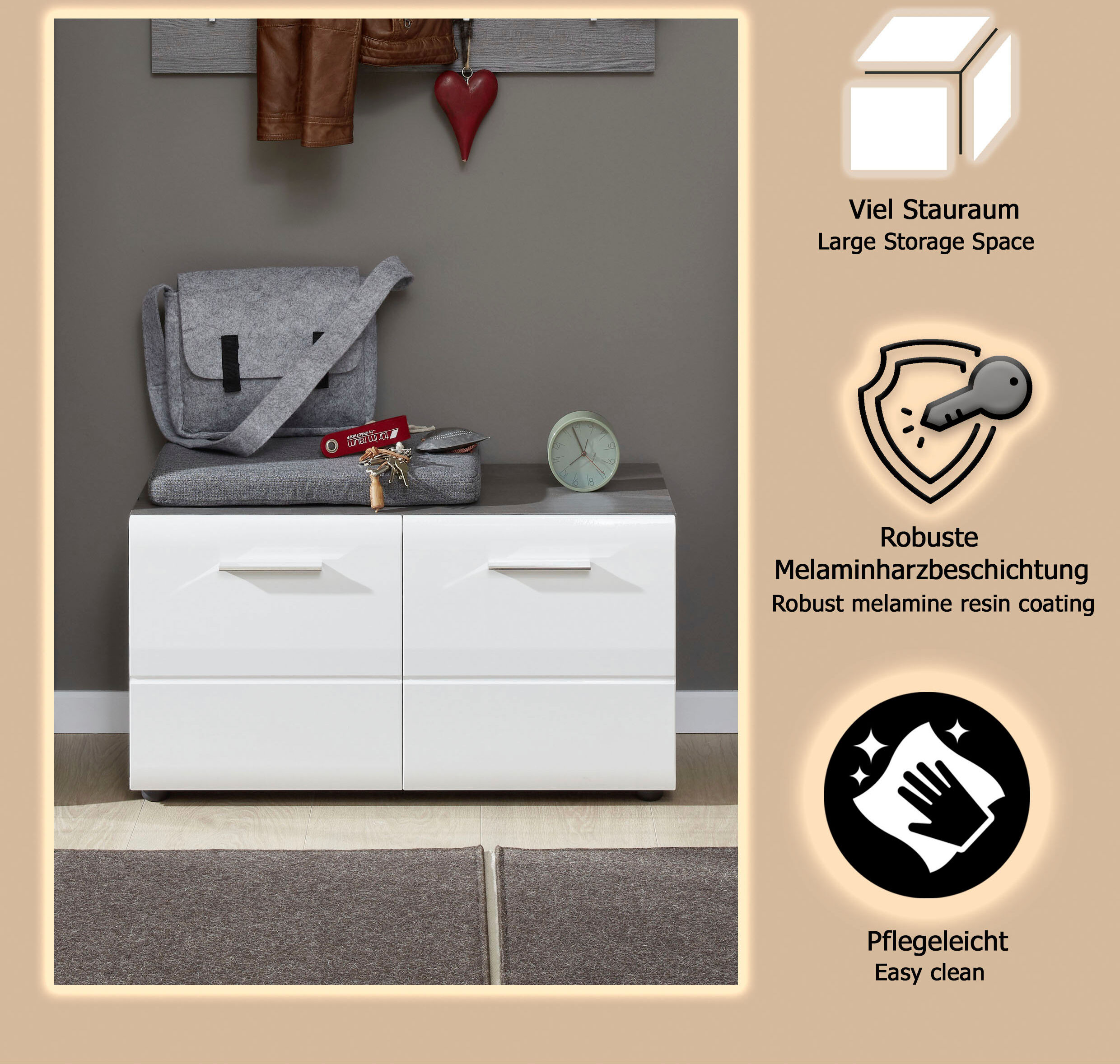 Sitzbank HOME AFFAIRE "Sovana", weiss (weiß hochglanz, eichefarben rauchsilber, eichefarben rauchsilber), B:80cm H:41cm T:35cm, Sitzbänke, Sitzbank, Sitzbank mit 2 Türen - (B/T/H) 80/35/41 cm weiß hochglanz, eichefarben rauchsilber, eichefarben rauchsilbe