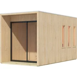 Karibu Design Saunahaus Miramar mit Vorraum - 73 mm naturbelassen Inkl. Terrasse Ohne Ofen