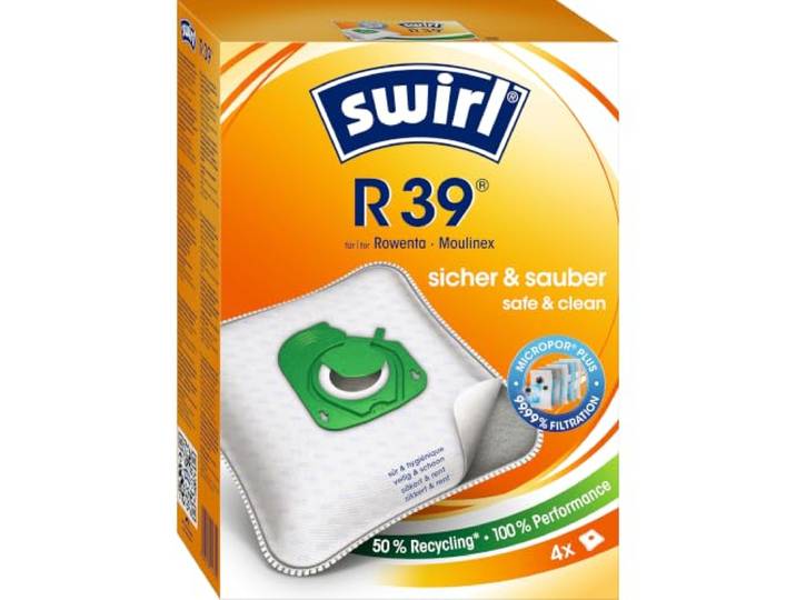 Swirl R 39 EcoPor stofzuigerzakken (4 zakken), scheurvaste stofzakken voor sommige Rowenta & Moulinex stofzuigers, 99,9% filtering van huisstof en allergeen fijnstof