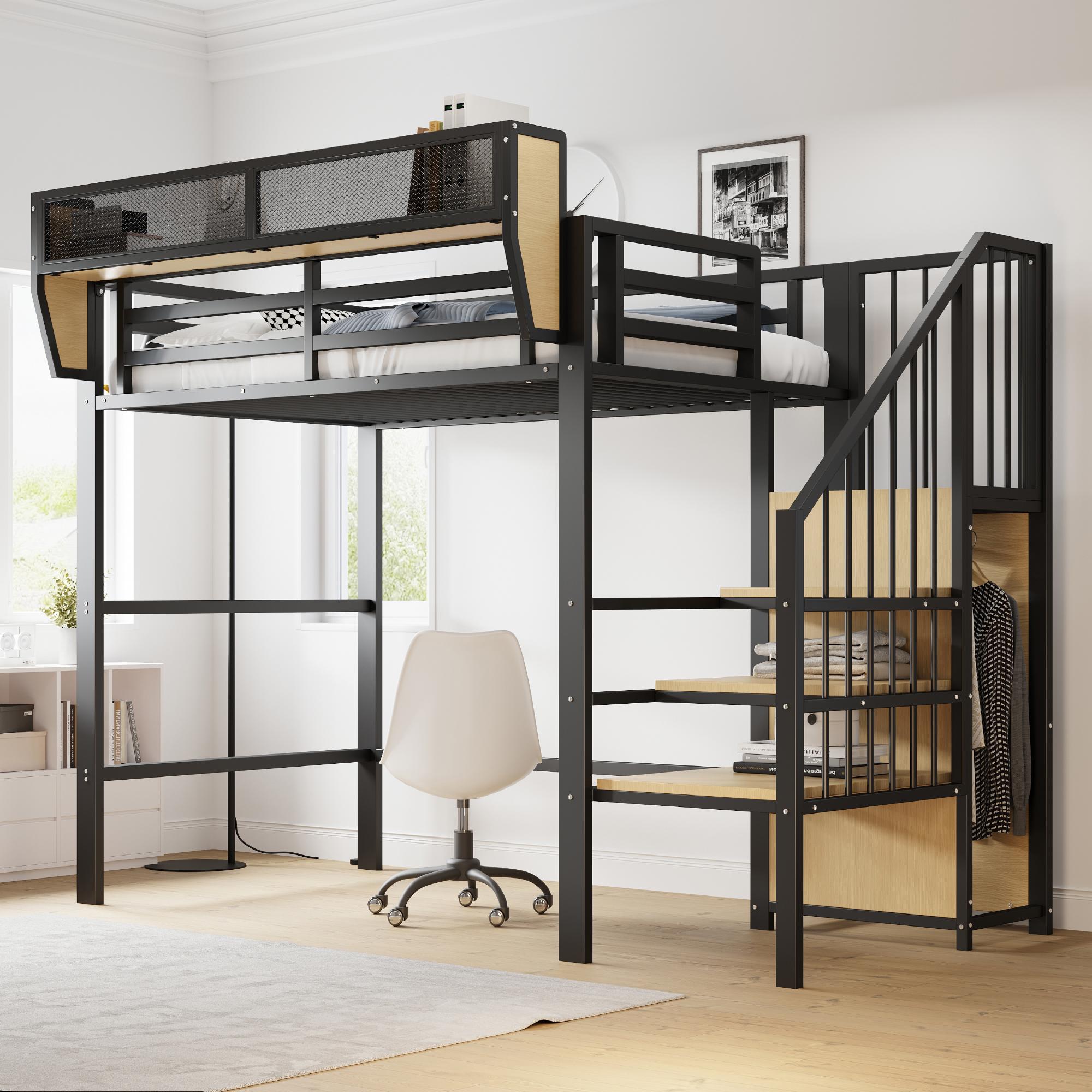 Merax Etagenbett Hochbett 90x200cm mit Sicherheitsleiter, Metallbett mit flexibles Staufach, platzsparendes Kinderbett mit verstellbare Regal, Schwarz