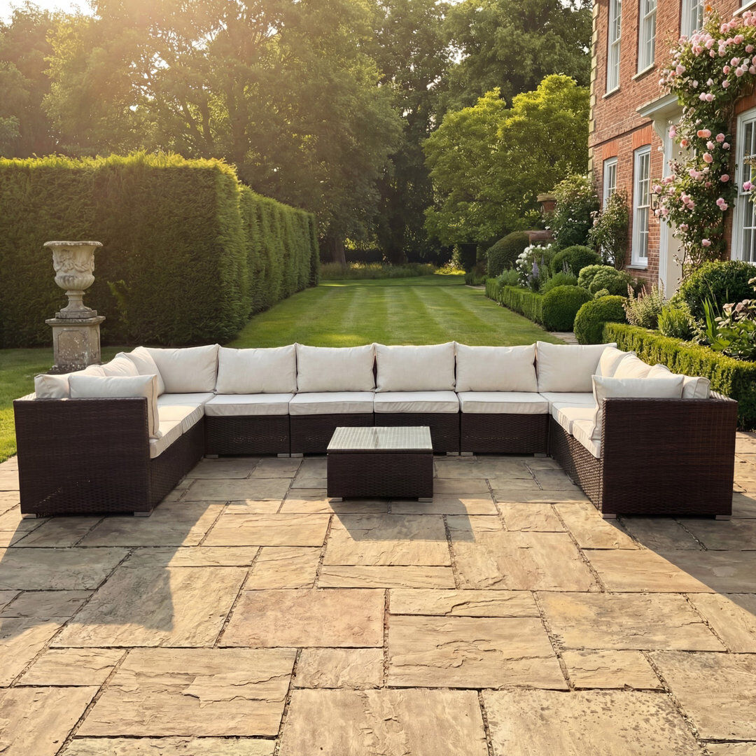 17 Stories Taraf 392cm Wide U-Shaped Wicker Patio Sectional Set Brown 10
