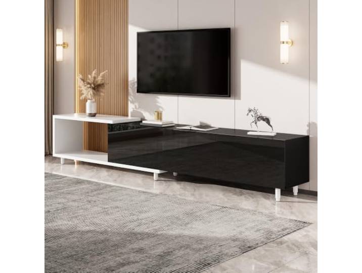 BXEYXE Ausziehbarer TV-Schrank,TV Lowboard,mit 3 Hochglanz-Türen, Metallfüßen, leisen Scharnieren, modernes Design, Stauraum