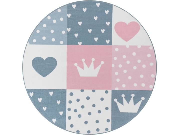 Kinderteppich PACO HOME Eliz 391 , pink, B:160cm H:12mm L:160cm Ø:160cm, Polyester, Teppiche, Kinderteppich, Kurzflor, Spielteppich, Patchwork-Muster, Motiv Krone, Herz & Punkte