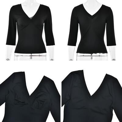 Lush Living Finds Deep V Slim Fit Top For Women Casual Streetwear Summer Tee black s
