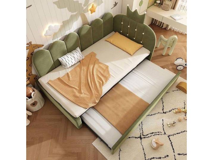 Canapé-lit - YEHTOKHOME - Canapé-lit 90×200 (gigogne 90×190) - Velours vert - Tête de lit couronne - Structure métal réversible