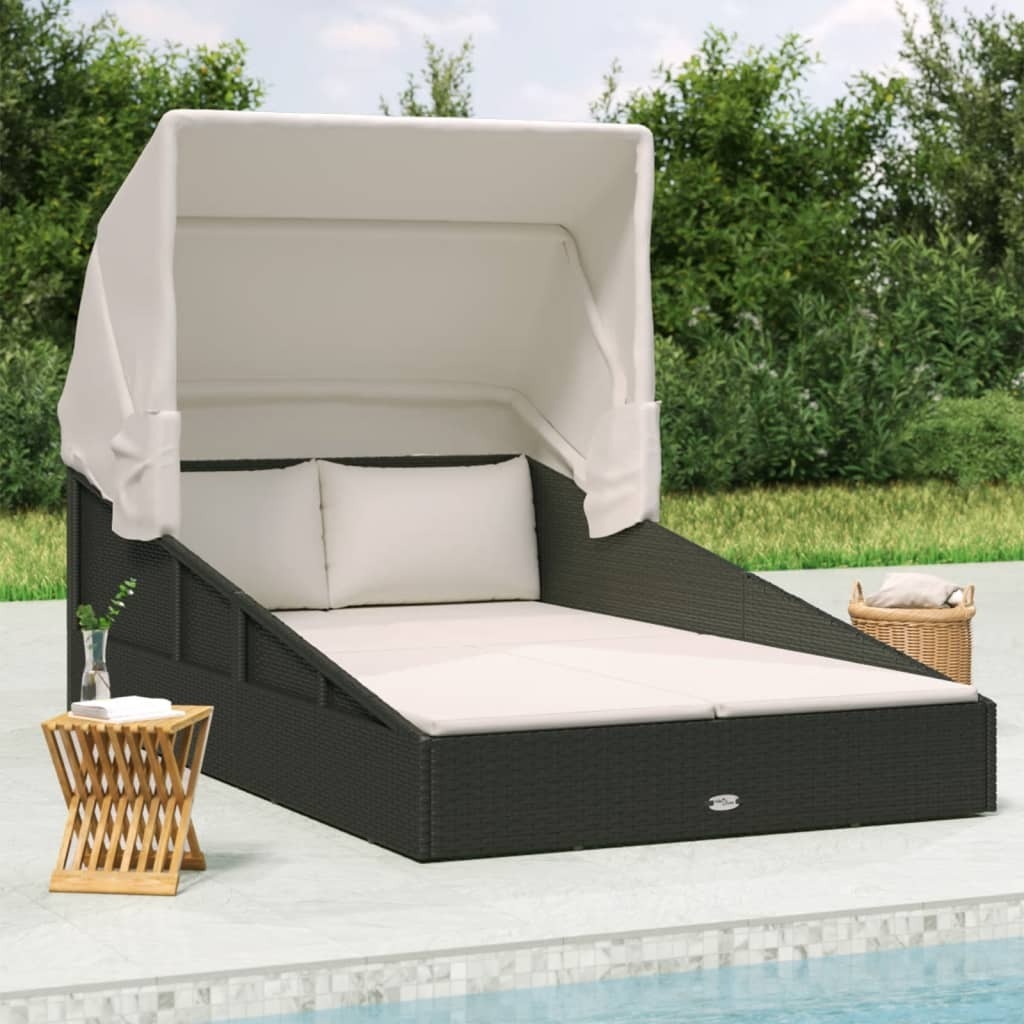 The Living Store Sonnenliege mit Faltdach Schwarz 200x114x128 cm Poly Rattan