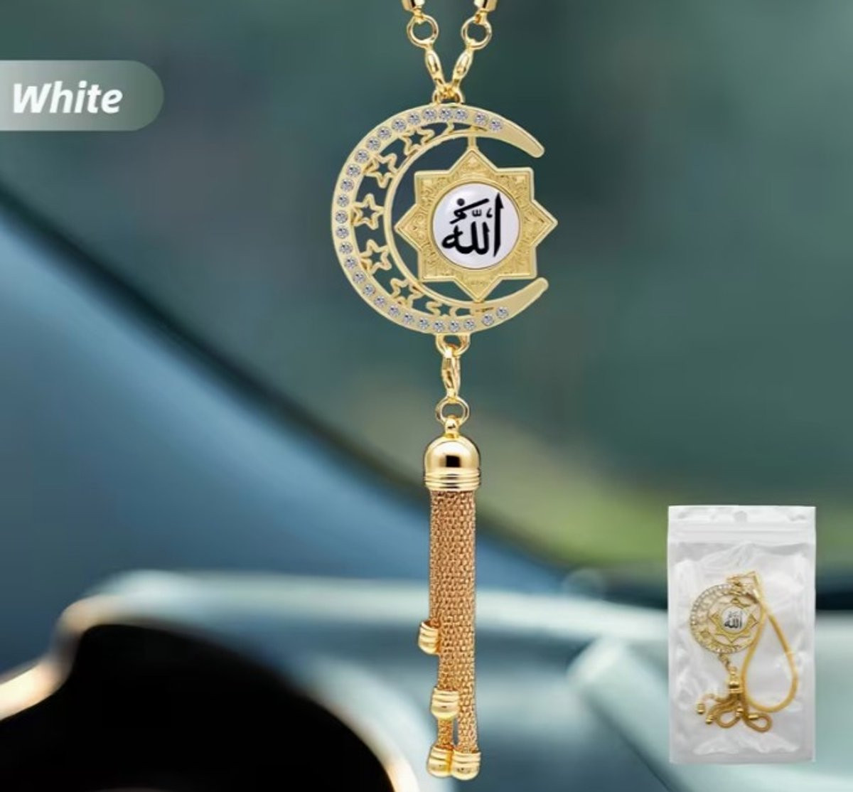 Luxe Autohanger Gouden Wassende Maan met Islamitische Patronen Wit