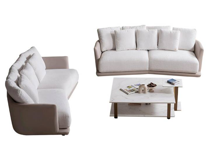JVmoebel Polstergarnitur Weißes Designer-Sofa mit Holz-Couchtisch aus hochwertigem Material, (3-tlg)