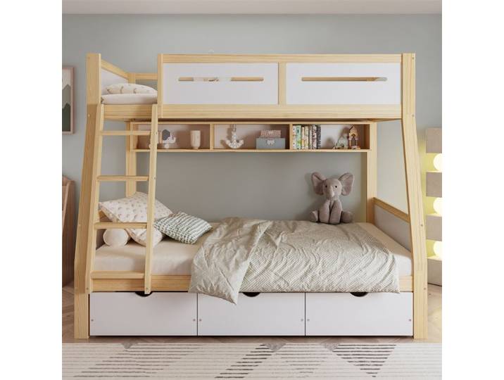 Lit superposé enfant 2 places 90x200/120x200 avec 3 tiroirs pupitre et échelle – blanc/naturel