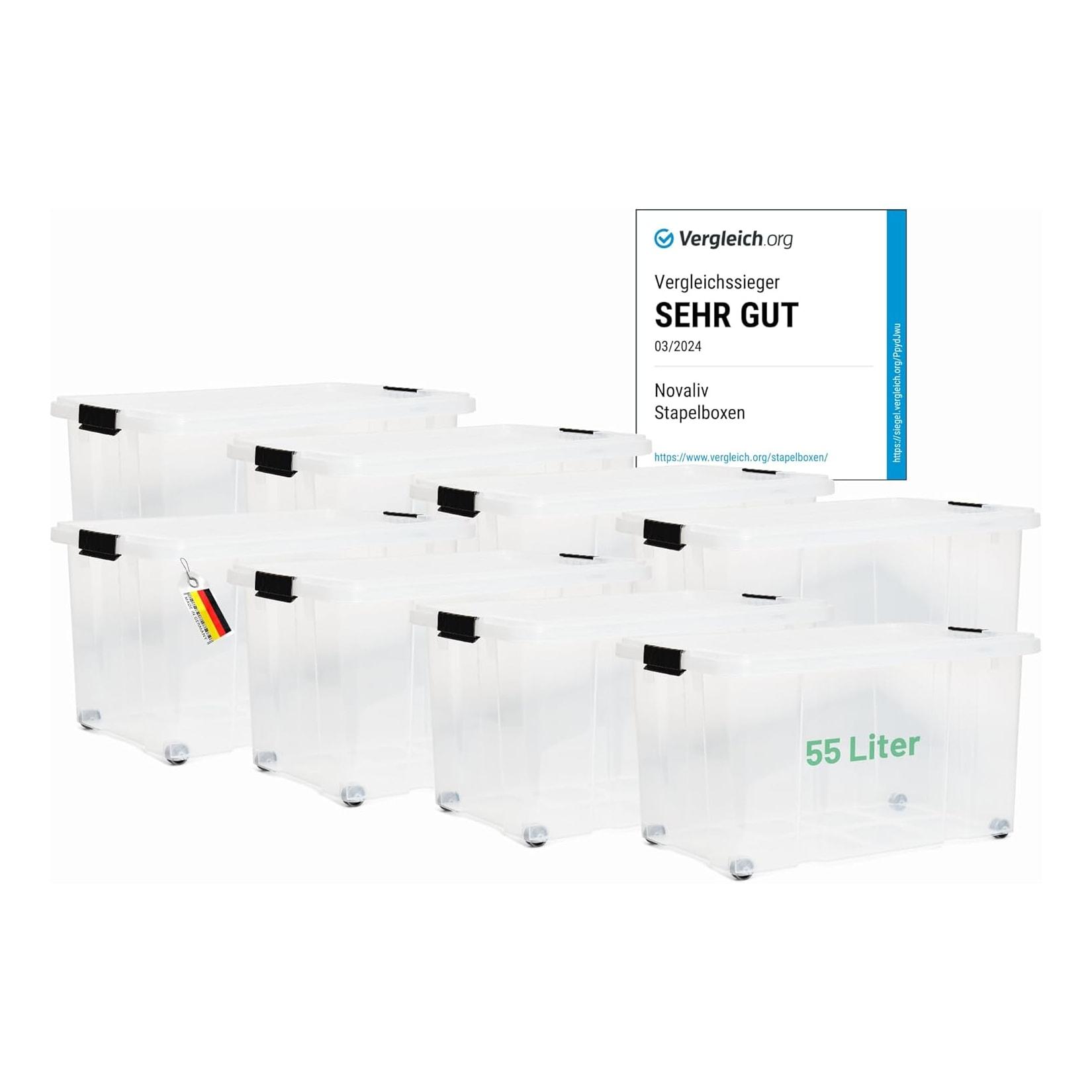 Novaliv 8x Aufbewahrungsboxen mit Deckel Groß 55L transparente Nestbar stapelbar mit Clipverschluss Rollboxen Kunststoff BPA-frei 61x40x32,5 cm
