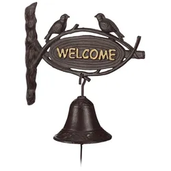 Relaxdays Türglocke Gusseisen WELCOME, Antik-Stil, goldene Buchstaben, Schild mit Vögeln, Haustür & Garten, dunkelbraun