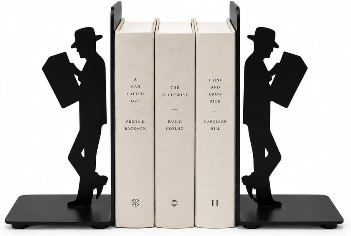 Decoratieve zwarte metalen boekensteunen met leesplanken