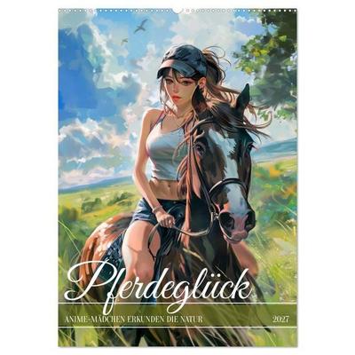 Pferdeglück - Anime-Mädchen erkunden die Natur (Wandkalender 2027 DIN A2 hoch), CALVENDO Monatskalender