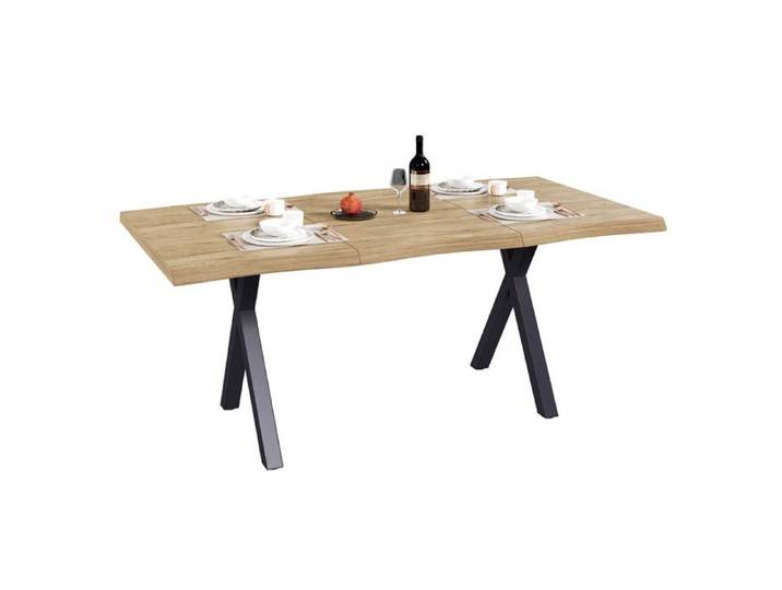 Table a Manger 160x78x75cm pour 4 à 6 Personnes Table avec Plateau de ondulé et Plateau épaissi Pieds en Fer en Forme de X Bois