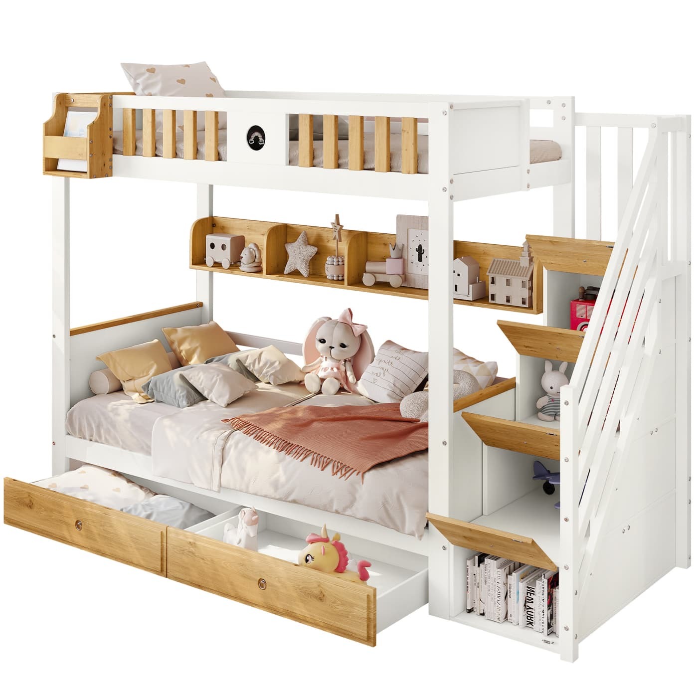 Etagenbett mit Treppe, Reichlich Stauraum,Kinderbett mit 4 Schließfächer in der Treppe,mit Fallschutzgitter und 2 Schubladen, Offenes Regal