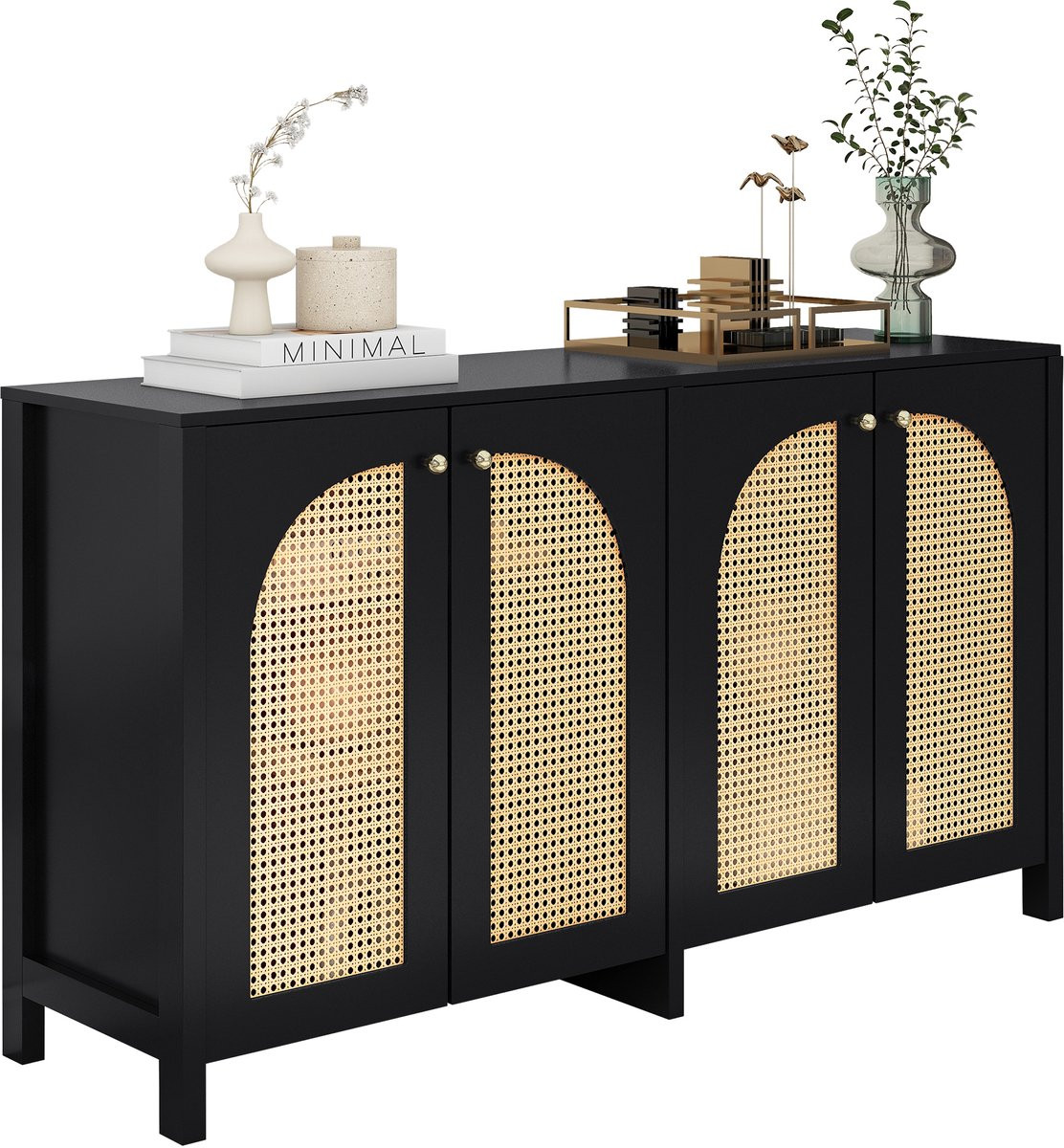 Sideboard Dressoir Opbergkast met 4 Rattan Deuren - Zwart - Breedte: 145 cm