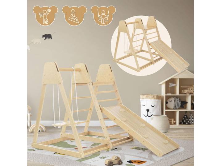 Joyz 3in1 Klettergerüst Set Indoor mit 2 Kletterleitern, Kletterbrett/Rutschbrett und Schaukel, aus Holz, 121x127x112 cm, für Kinder ab 3 Jahren