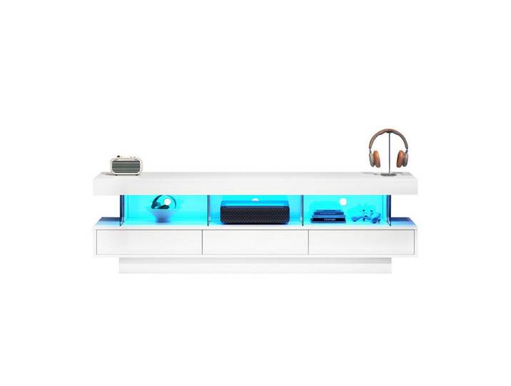 BlingBin Lowboard Hochglanz-Glas-TV-Ständer, Smart TV Stand 160x38x50,5 cm (1er set, 1 St., Hochglanz-TV-Ständer mit 3 Glasablagen, LED-Beleuchtung), App-Steuerung, Bluetooth-Konnektivität für 70-Zoll-Fernseher