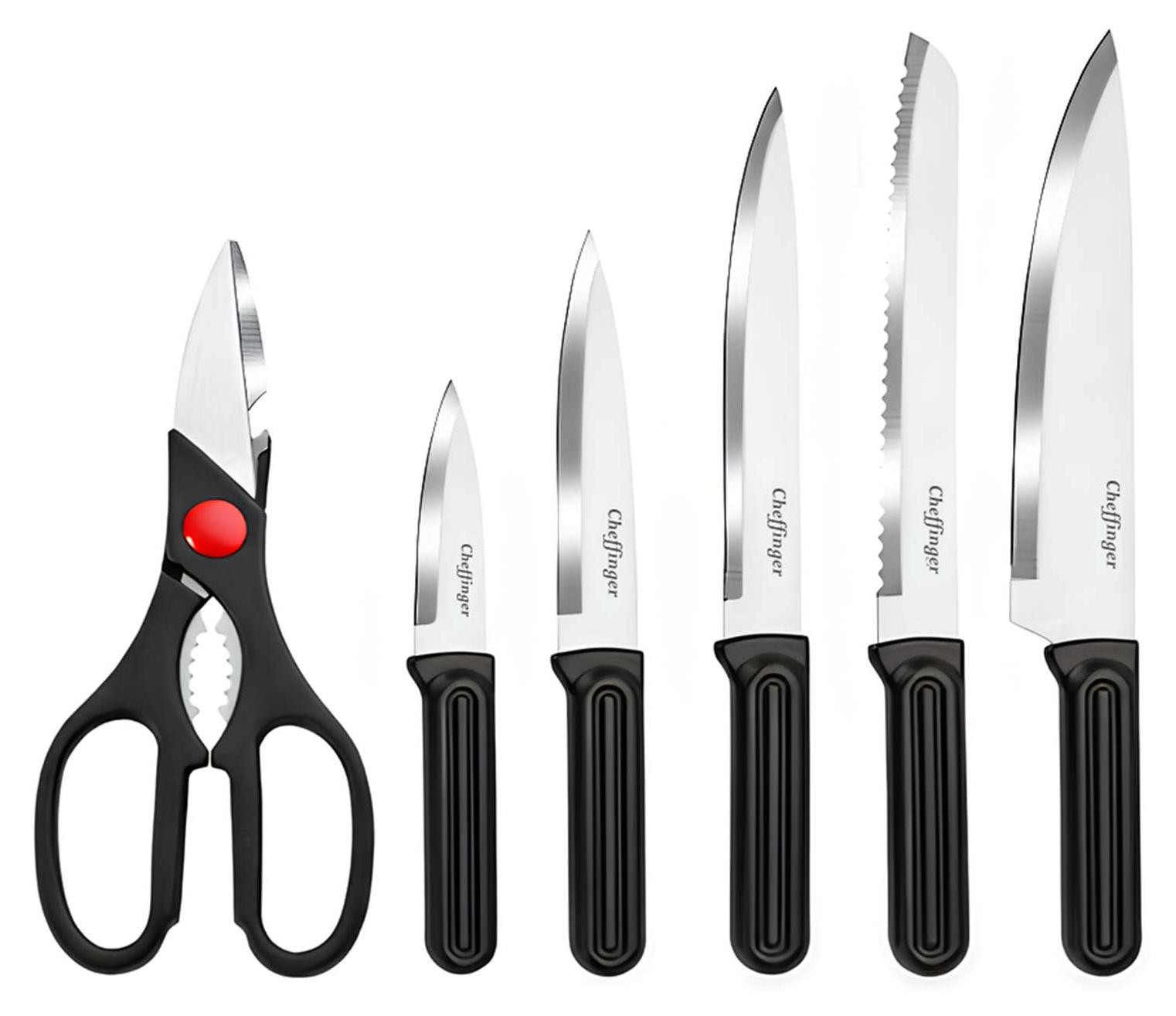 Cheffinger Messenset met 7 messen, messenblok en schaar, zwart/zilver