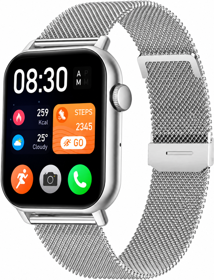 Siltcon® Smartwatch Pro – Belfunktion, Pulsmesser und 4 Armbänder – Silber