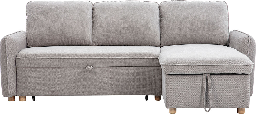 Miliboo Ecksofa mit Schlaffunktion und umkehrbarer Abstellfläche 3-Sitzer in grauem Samt-Effekt Stoff und hellem Holz ORSO