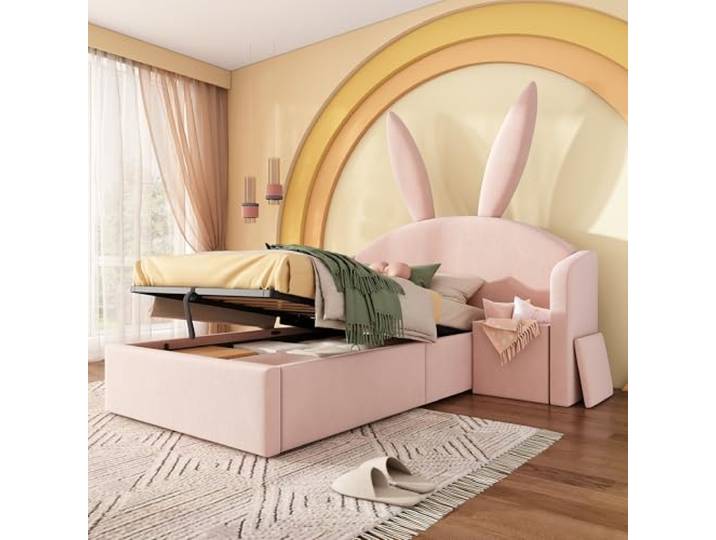 YAIXBNG Kinderbett 90x190 cm Rosa Polsterbett mit Stauraum & Nachttisch, Hasenohren Design Jugendbett aus Samt, Mädchenbett (Ohne Matratze)