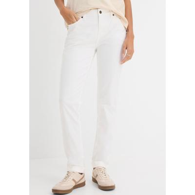 Straight-Jeans BONPRIX "Straight Jeans Mid Waist, Stretch", Damen, Gr. 44, N-Gr, weiß, Denim/Jeans, Obermaterial: 97% Baumwolle, 3% Elasthan, regular fit knöchelfrei, Jeans Straight-Jeans, Regular Fit, mit Aufschlag, im Five-Pocket-Style