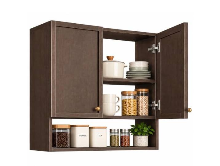 2-Etagen-Wandschrank mit Offener Ablage, Küchen-Aufbewahrungsorganizer Aluminium, Soft-Close-Scharniere, für Kaffeebar, Gewürze, Geschirr, Vorratskammer und Esszimmer(31in/80cm)
