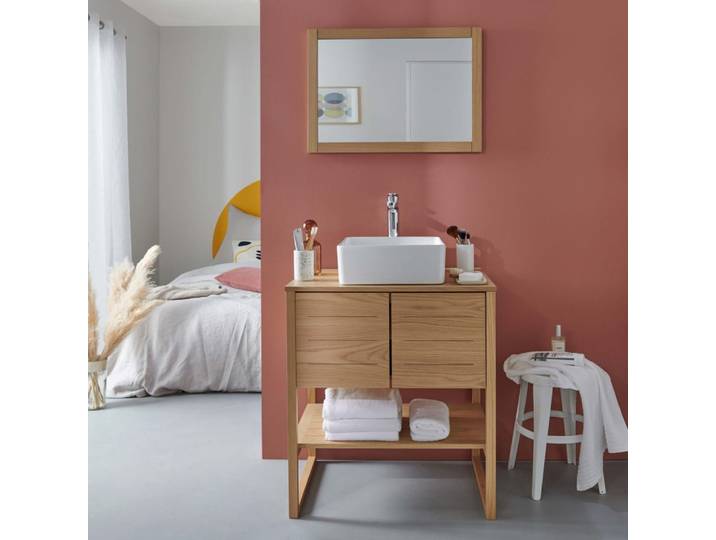 Meuble sous vasque plaqué chêne naturel 70cm + vasque + miroir carré