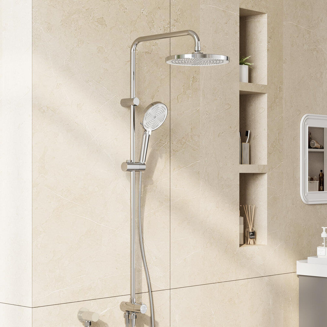 Marlow Home Co. Complete Shower Kit – 25 cm Rainfall Shower Head, Height-Adjustable Rail & 3-Mode Handheld, No-Drill Mounting, 1.5 m Hose, Shower Faucet Set for Bathr Chrome 25cm W