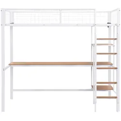OKWISH Etagenbett aus Metall und Holz, Weiß/Natur, 204x102x180 cm, mit Tisch und Regalen für Beherbergung