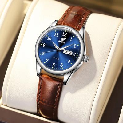 Inspire Select OLEVS Elegance Waterproof Stainless Steel Women's Quartz Watch brown Leather Blue