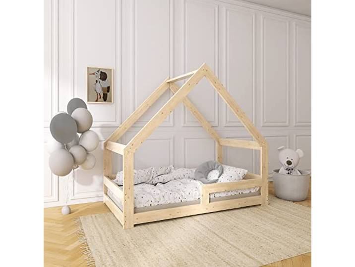 Need Sleep Kinderbett Haus Hausbett Bodentief 90x200 cm mit Rausfallschutz Lattenrost Bodenbett Montessori Bett ab 2 Jahre aus Holz Mädchen Junge Symmetrisch