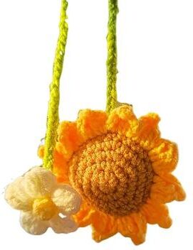 Inspire Select Handmade Sunflower Car Hanging Pendant Woven PP Cotton Rearview Mirror Decoration Accessory orange