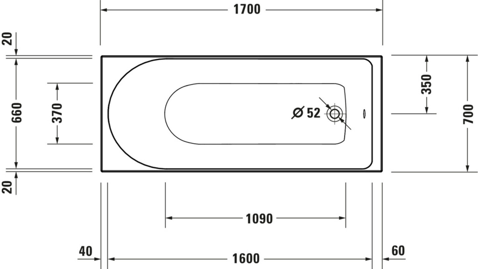 Duravit Rechteck-Whirlwanne D-Neo 170x70cm, EB-Version, 1 RS, weiß (760478000JP1000)