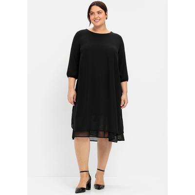 Chiffonkleid SHEEGO "Chiffonkleid", Damen, Gr. 52, Normalgrößen, schwarz, 100% Polyester, unifarben, knielang, Rundhals, Kleider Chiffonkleid