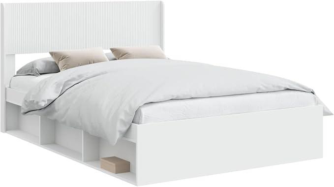 Bettrahmen 160x200 cm Weiß mit Kopfteil und Stauraum Modernes Holzwerkstoff Doppelbett Langlebiger Lattenrost Gästezimmer Jugendzimmer Schlafzimmer