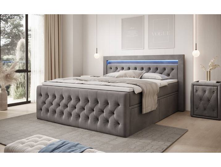 Menzogna Boxspringbett mit LED-Beleuchtung, Stauraum, Druckentlastung, grauer Samt, modern