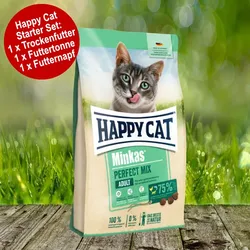 Happy Cat Minkas Perfect Mix Geflügel, Fisch & Lamm Starter-Set inkl. Futtertonne und Futternapf