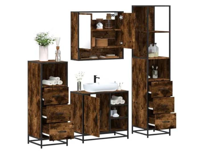 ZQQLVOO 4-TLG. Badmöbel-Set Räuchereiche Holzwerkstoff Waschbeckenunterschrank, Spiegelschrank, Lowboard, Metallgestell, Holzwerkstoff, Wandmontage, Stauraum