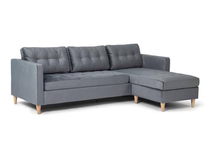 ebuy24 Sofa Couch mit Chaiselongue Marino BA1, Velourbezug Grau Polyester, Seitenwender Links/rechts, Polyetherschaum-Polster, modern skandinavisch, Wohnzimmer Sofa, Maße B219 x T151 x H80 cm