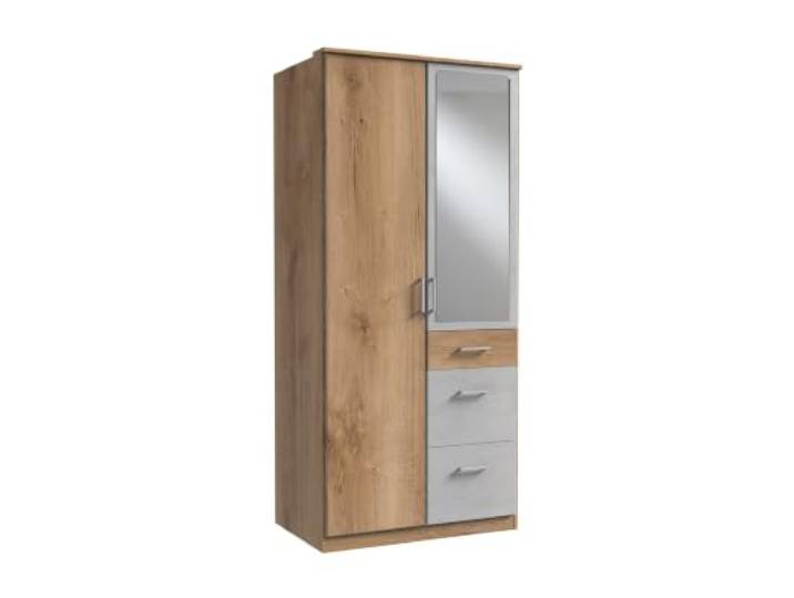 Kleiderschrank Click Plankeneiche mit Beton Lichtgrau 91 cm Breite, mit Spiegel