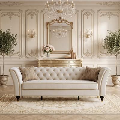 Abrihome "89.5"" 3-Seater Sofa with Gold tufted buttons, Flared arms and Pillows"