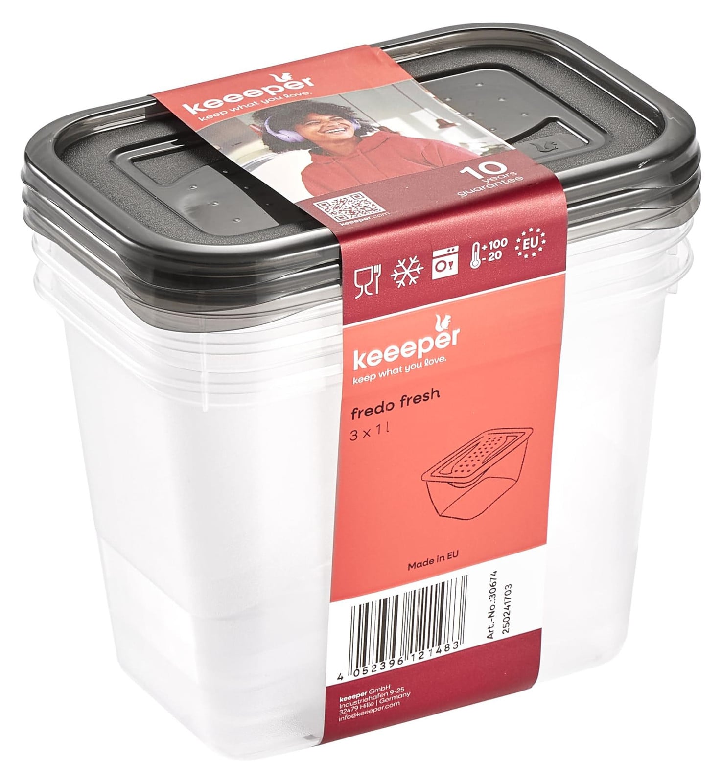 Keeeper Fredo Fresh vershoudbox, 3 stuks, 1,0 liter, rechthoekig
