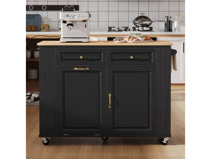Îlot de cuisine sur roulettes avec poubelle porte-serviettes et prise électrique