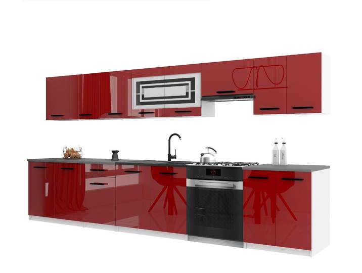 Belini Moderne Küchenzeile Küchenblock ITALIA 3 - Küchenmöbel 320cm Rot - Einbauküche mit Hängeschränke, Unterschränke & Arbeitsplatten