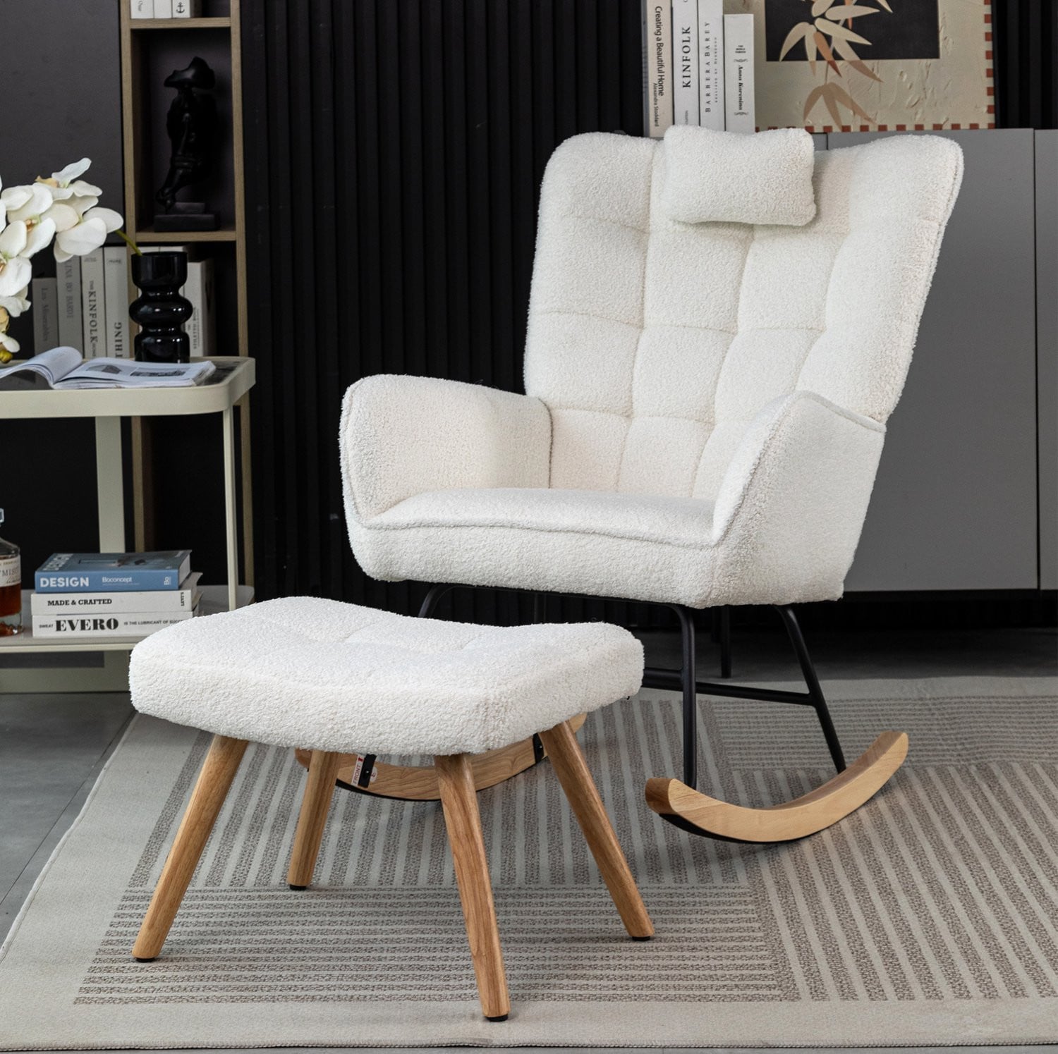 CHICFURN Schommelstoel met hocker en hoofdkussen - Wit - Houten frame
