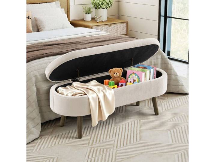 WOVREO banc de rangement 110 x 40 x 42 cm en chenille beige avec coffre 20 L pieds et cadre en bois massif